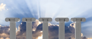 Five marble pillars of islam or justice on blue cloudy sky background, details, front view. 3d illustration