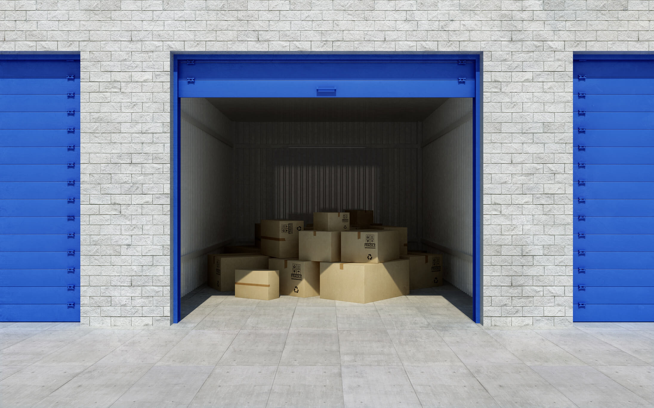 Open self storage unit full of cardboard boxes. 3d rendering