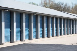 Blue doors of self-storage garage.
