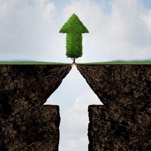 Level Up concept as a progress symbol for business success or personal growth aspiration as a cliff and a tree shaped as an arrow with 3D illustration elements.